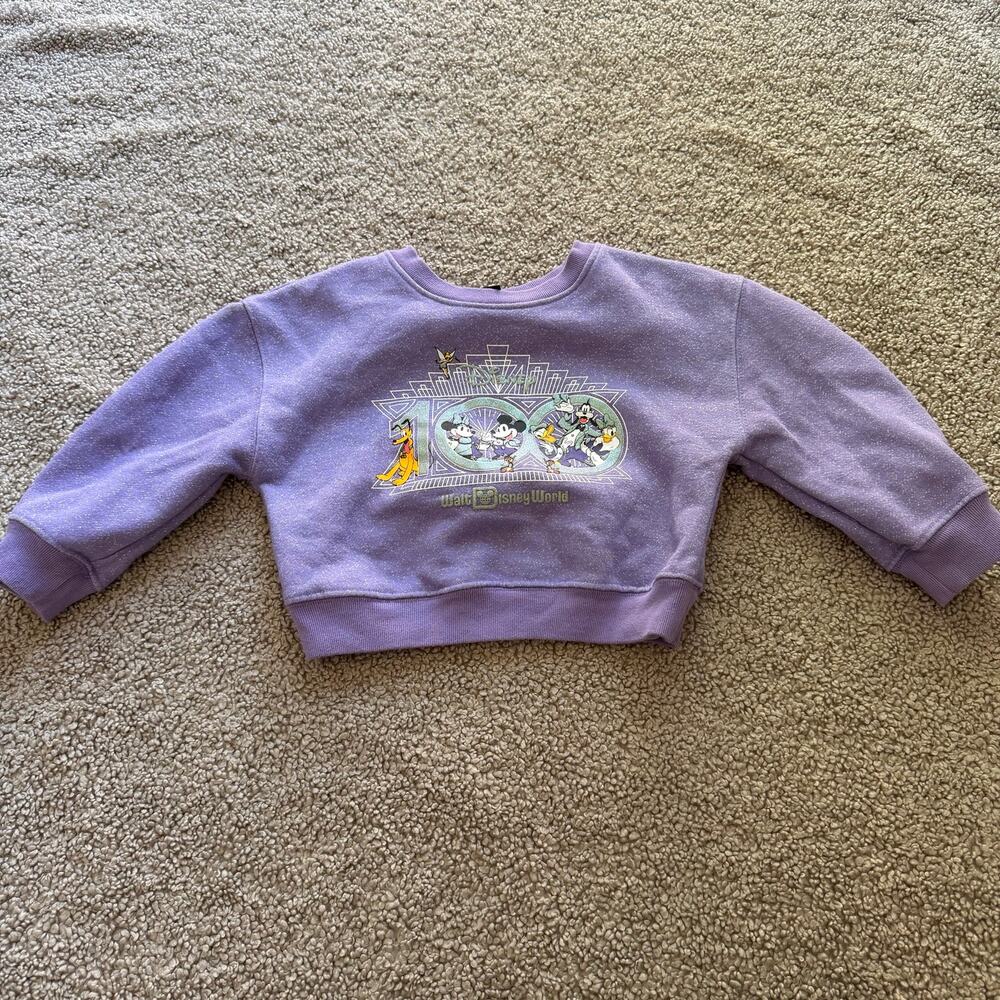 Disney Parks WDW Girls 100th Anniversary Purple Glitter Crewneck Sweatshirt Sz 4
